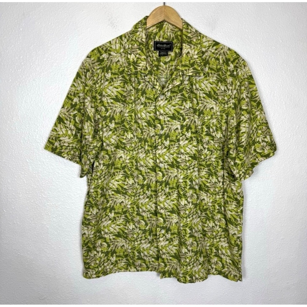 Eddie Bauer Shirt Mens Large Green Floral Palm Camp Cotton Hawaiian‎ Button Up